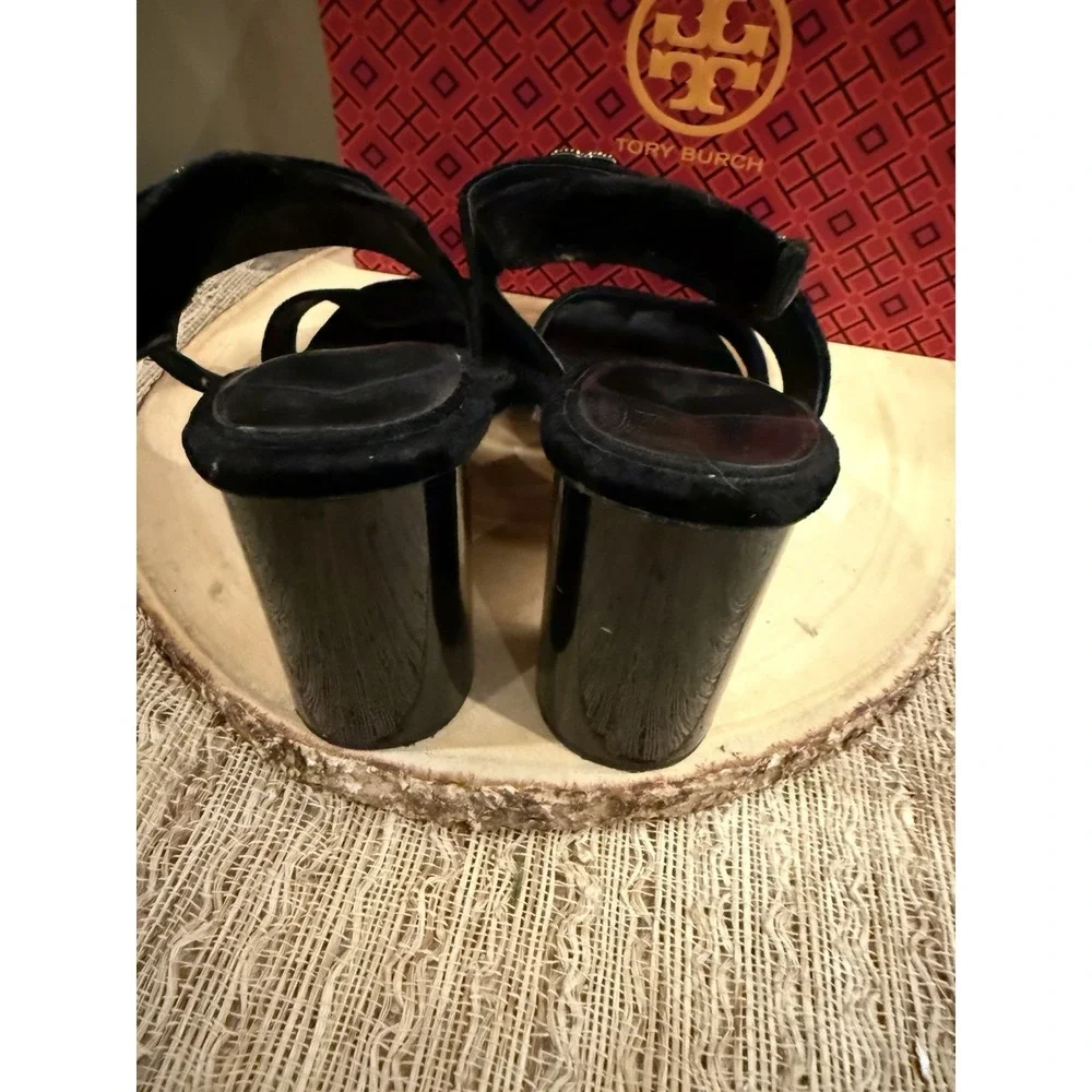 Tory Burch Eleanor Pave Heel Sandal in Black Velvet‎ Leather Rt-428$ Sz-9.5